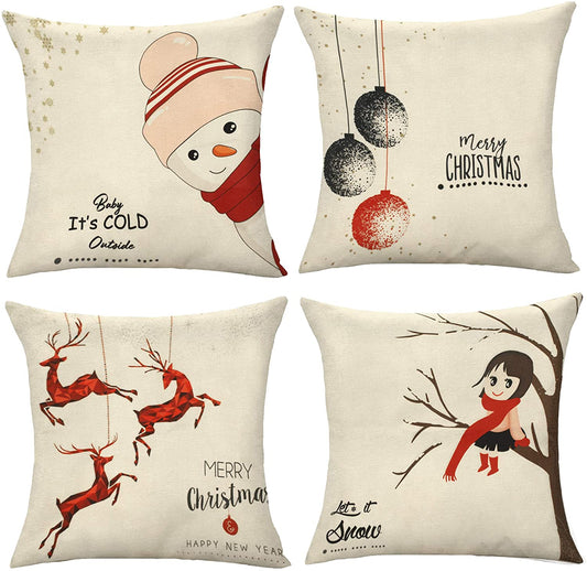 18x18 Pillow Cover, Christmas Pillow Cover 18x18 Set of 4, Throw Pillow Cover Christmas Decorations HomeDoReMi Christmas Pillow Covers 18x18 Set of 4, Cotton Linen Material